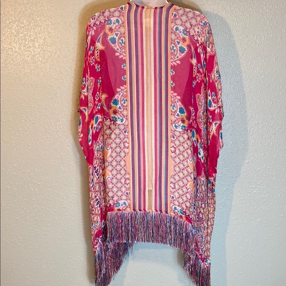 Chico's Blue and Pink Kimono with Fringe Detail - Picture 10 of 14